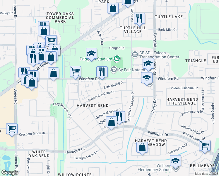 map of restaurants, bars, coffee shops, grocery stores, and more near 10007 Early Spring Drive in Houston