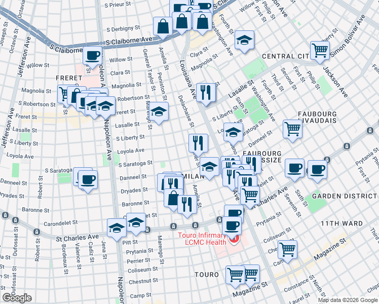 map of restaurants, bars, coffee shops, grocery stores, and more near 2101 Amelia Street in New Orleans