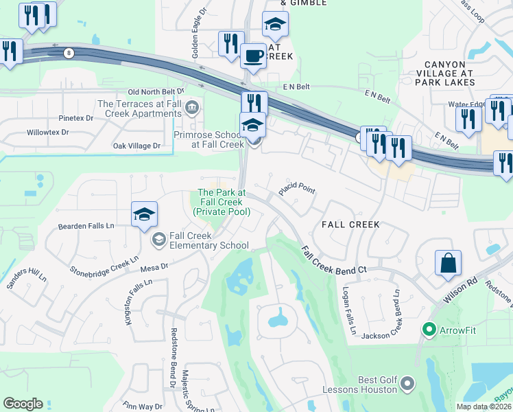 map of restaurants, bars, coffee shops, grocery stores, and more near 8007 Jayci Park Lane in Humble
