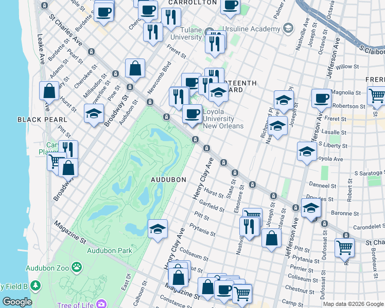 map of restaurants, bars, coffee shops, grocery stores, and more near 1571 Exposition Boulevard in New Orleans