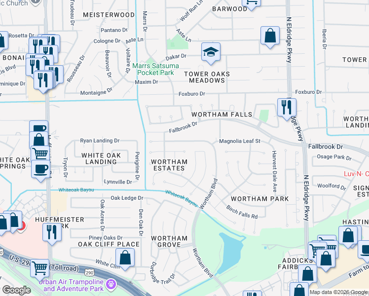 map of restaurants, bars, coffee shops, grocery stores, and more near 13106 Sycamore Heights Street in Houston