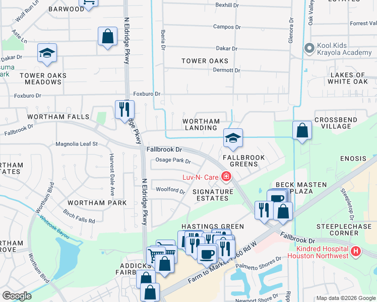 map of restaurants, bars, coffee shops, grocery stores, and more near 11931 Fallbrook Dr in Houston