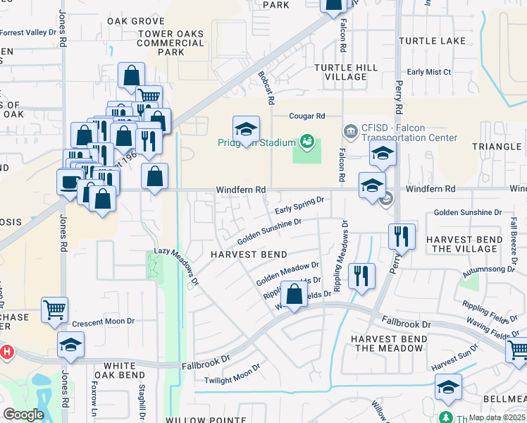 map of restaurants, bars, coffee shops, grocery stores, and more near 10102 Early Spring Drive in Houston