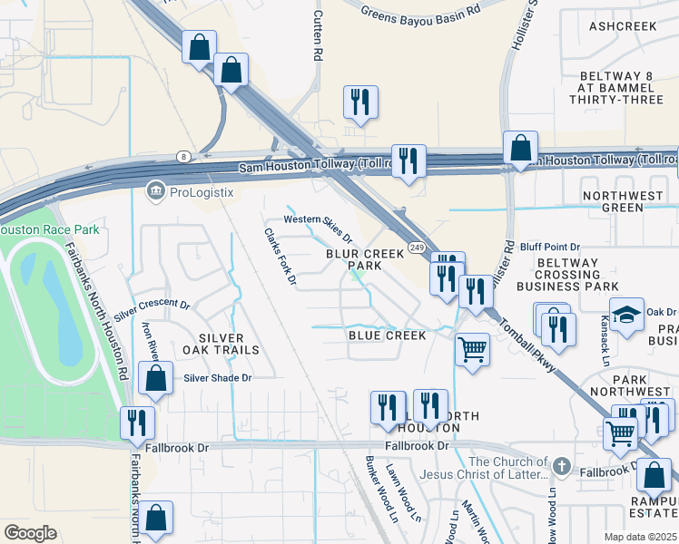 map of restaurants, bars, coffee shops, grocery stores, and more near 13619 Galena Creek Drive in Houston