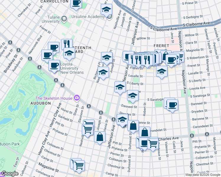 map of restaurants, bars, coffee shops, grocery stores, and more near 1827 Joseph Street in New Orleans