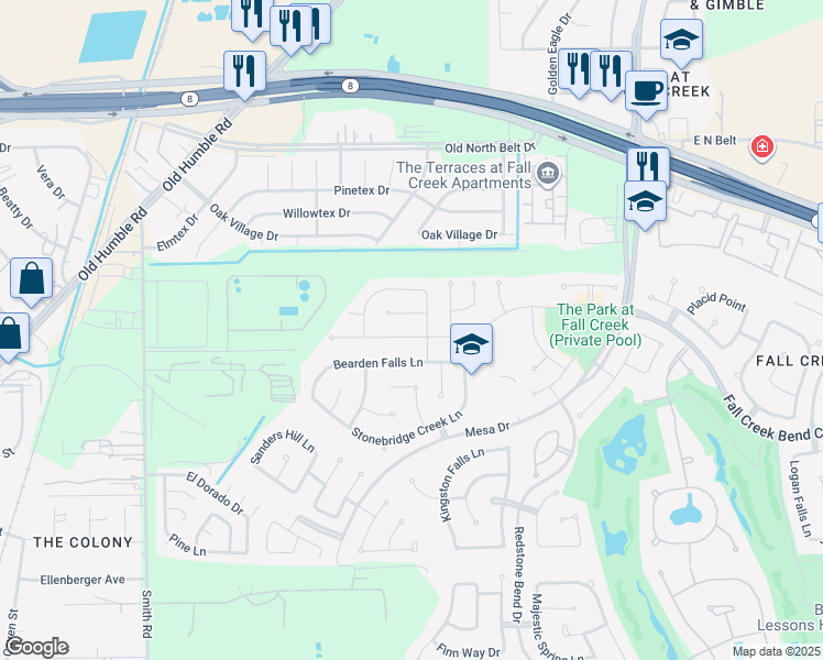 map of restaurants, bars, coffee shops, grocery stores, and more near 7411 Fall Creek Bend in Humble