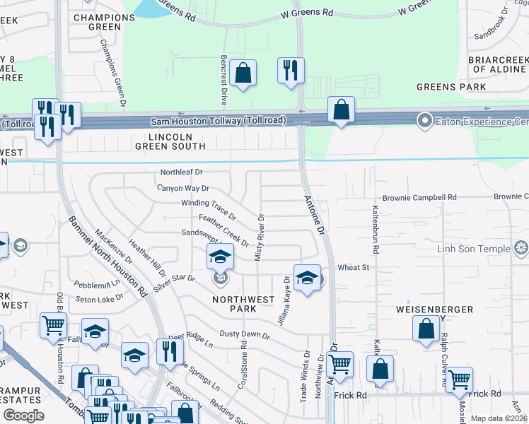 map of restaurants, bars, coffee shops, grocery stores, and more near 6662 Canyon Way Drive in Houston