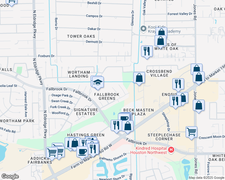 map of restaurants, bars, coffee shops, grocery stores, and more near 10835 Cliffton Forge Drive in Houston