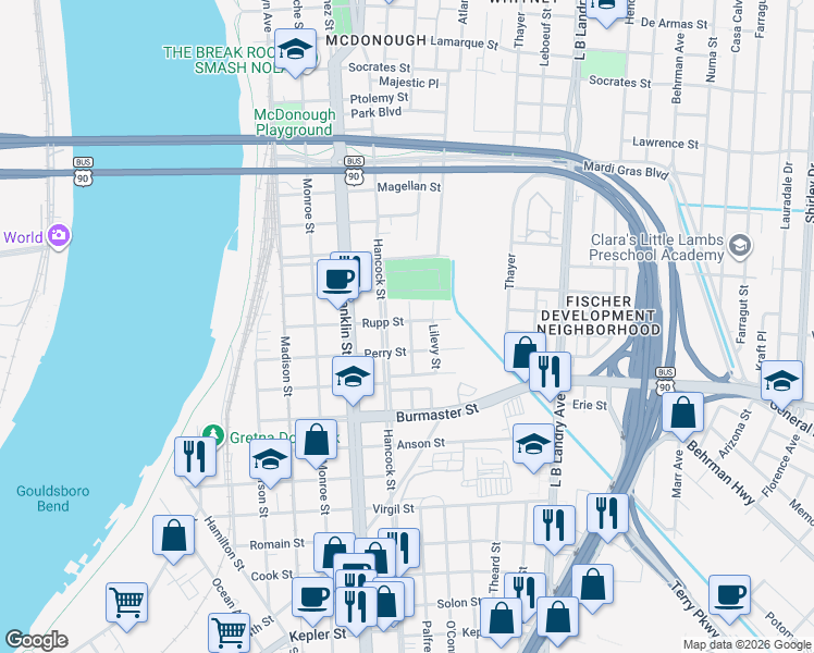 map of restaurants, bars, coffee shops, grocery stores, and more near 928 Rupp Street in Gretna