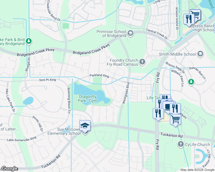 map of restaurants, bars, coffee shops, grocery stores, and more near 15923 Talala Trail in Cypress