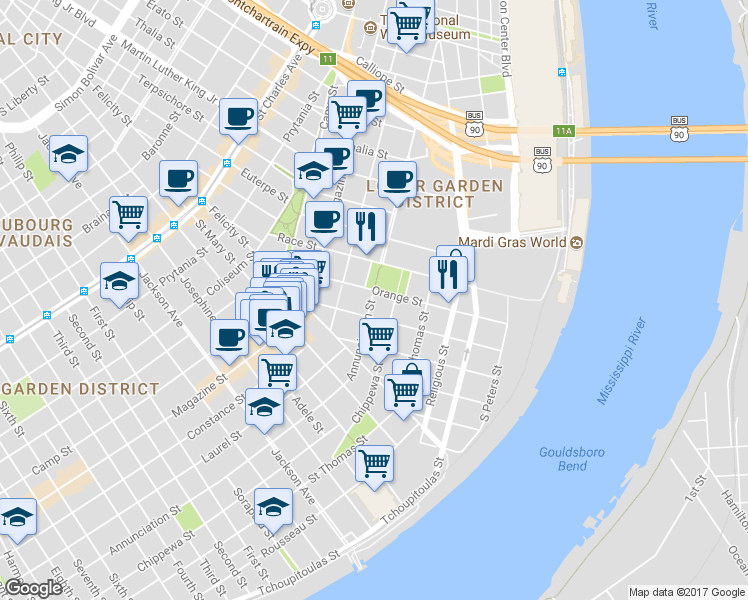 map of restaurants, bars, coffee shops, grocery stores, and more near 1558 Annunciation Street in New Orleans