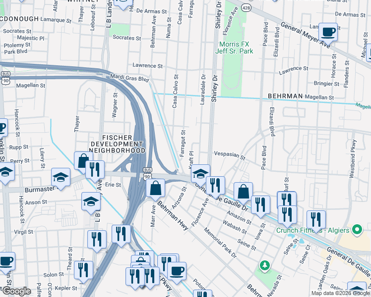 map of restaurants, bars, coffee shops, grocery stores, and more near 2068 Farragut Street in New Orleans
