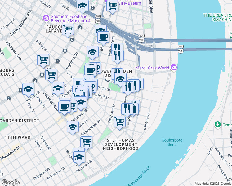 map of restaurants, bars, coffee shops, grocery stores, and more near in New Orleans
