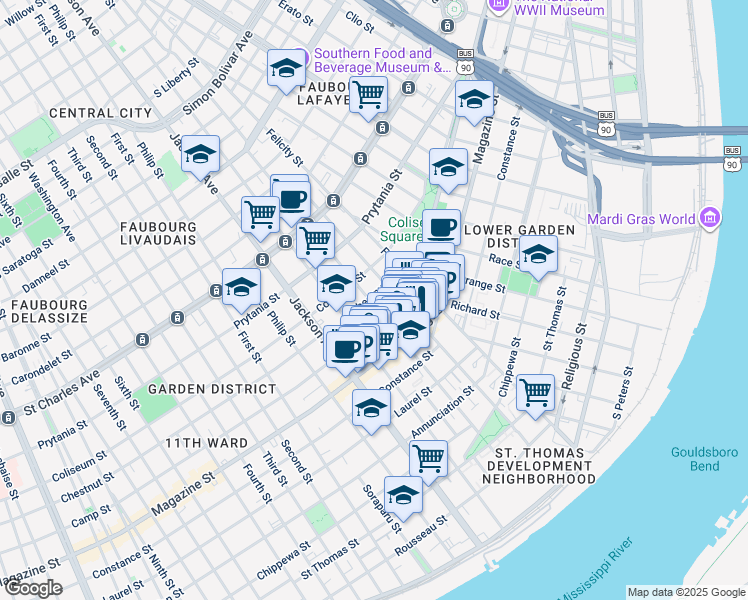 map of restaurants, bars, coffee shops, grocery stores, and more near 1300 Saint Andrew Street in New Orleans