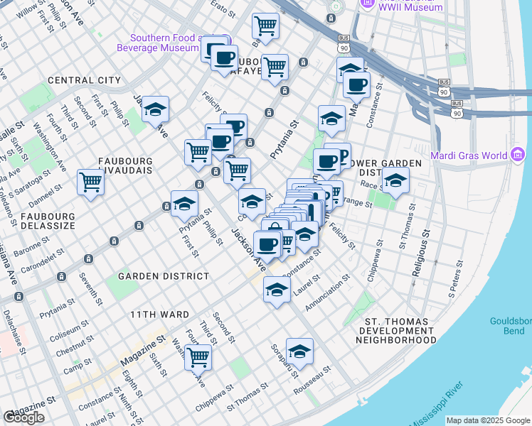 map of restaurants, bars, coffee shops, grocery stores, and more near 1300 Saint Andrew Street in New Orleans