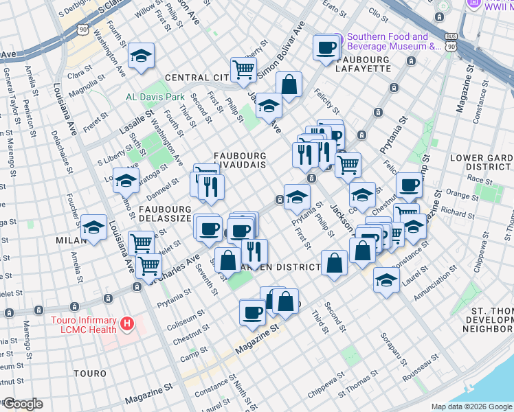 map of restaurants, bars, coffee shops, grocery stores, and more near 2501 Saint Charles Avenue in New Orleans