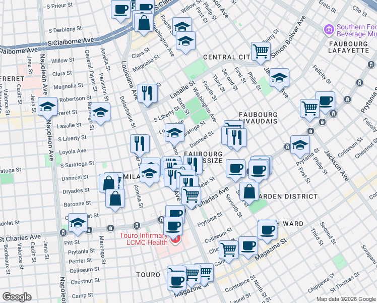 map of restaurants, bars, coffee shops, grocery stores, and more near 3200 Danneel Street in New Orleans