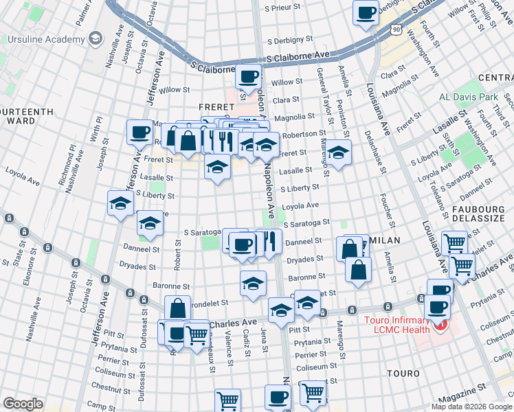 map of restaurants, bars, coffee shops, grocery stores, and more near 4425 Loyola Avenue in New Orleans