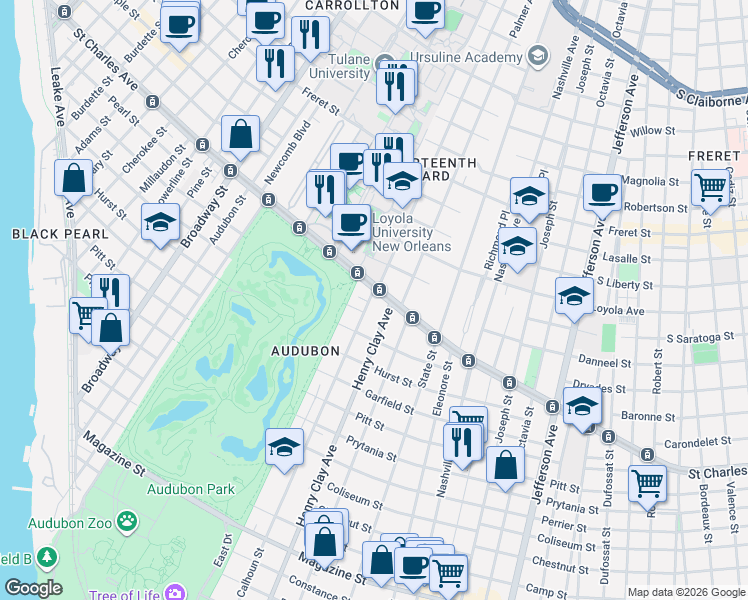 map of restaurants, bars, coffee shops, grocery stores, and more near 1571 Exposition Boulevard in New Orleans