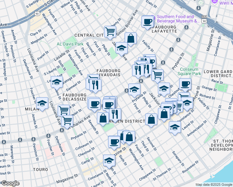 map of restaurants, bars, coffee shops, grocery stores, and more near 2501 Saint Charles Avenue in New Orleans