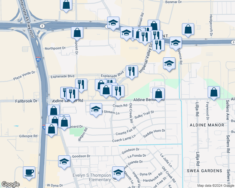 map of restaurants, bars, coffee shops, grocery stores, and more near 1623 Imperial Valley Drive in Houston