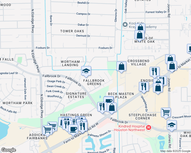 map of restaurants, bars, coffee shops, grocery stores, and more near 10835 Cliffton Forge Drive in Houston