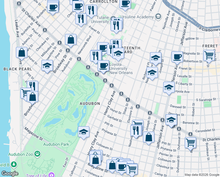 map of restaurants, bars, coffee shops, grocery stores, and more near 1571 Exposition Boulevard in New Orleans