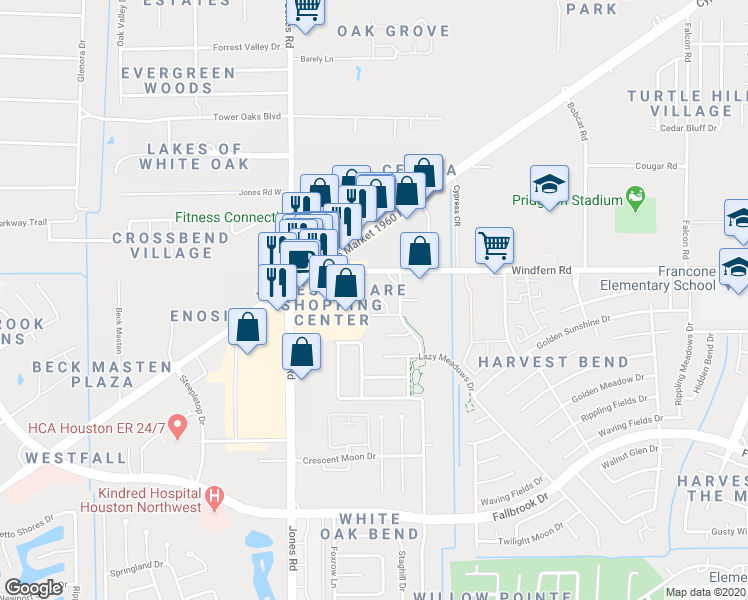 map of restaurants, bars, coffee shops, grocery stores, and more near 11023 Mistic Moon Court in Houston