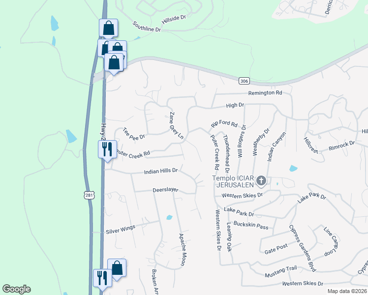 map of restaurants, bars, coffee shops, grocery stores, and more near 1538 Zane Grey Lane in Spring Branch