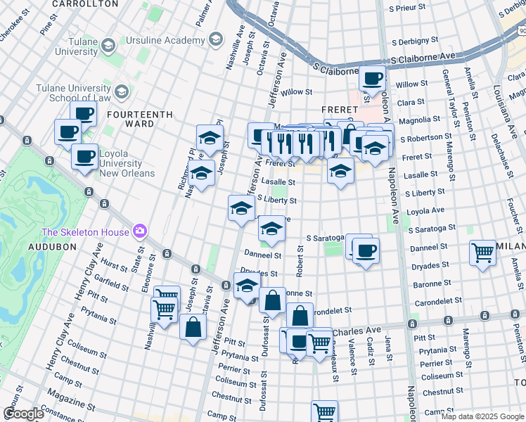map of restaurants, bars, coffee shops, grocery stores, and more near 2012 Valmont Street in New Orleans
