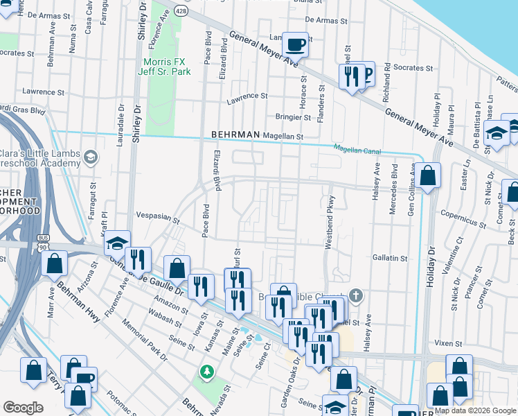map of restaurants, bars, coffee shops, grocery stores, and more near 3117 Floral Lane in New Orleans