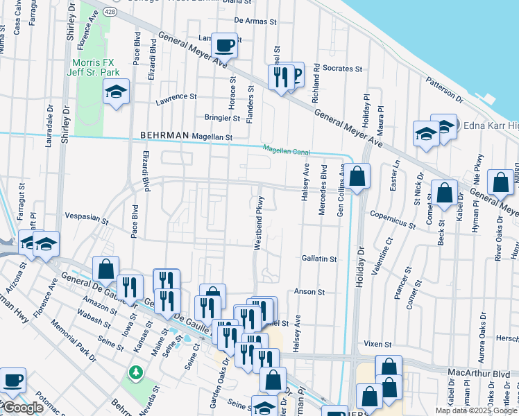 map of restaurants, bars, coffee shops, grocery stores, and more near 2078 Westbend Parkway in New Orleans