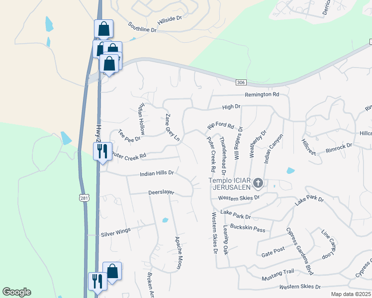 map of restaurants, bars, coffee shops, grocery stores, and more near 1538 Zane Grey Lane in Spring Branch