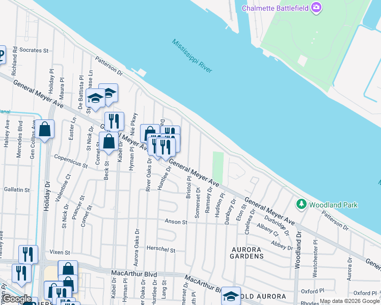 map of restaurants, bars, coffee shops, grocery stores, and more near 220 Roselyn Park Place in New Orleans