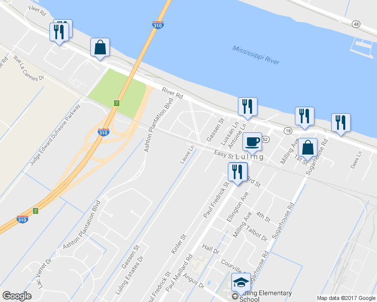 map of restaurants, bars, coffee shops, grocery stores, and more near 405 Lauve Lane in Luling
