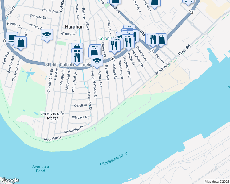 map of restaurants, bars, coffee shops, grocery stores, and more near 107 Elaine Avenue in Harahan