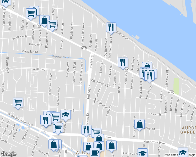 map of restaurants, bars, coffee shops, grocery stores, and more near 2143 Easter Lane in New Orleans