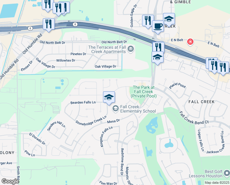 map of restaurants, bars, coffee shops, grocery stores, and more near 14610 Fall Creek Bend Court in Humble
