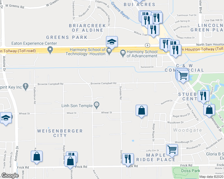 map of restaurants, bars, coffee shops, grocery stores, and more near 13621 Sundale Road in Houston