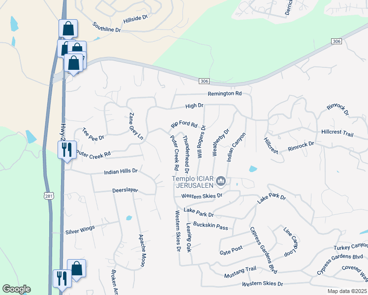 map of restaurants, bars, coffee shops, grocery stores, and more near 312 Thunderhead Drive in Spring Branch