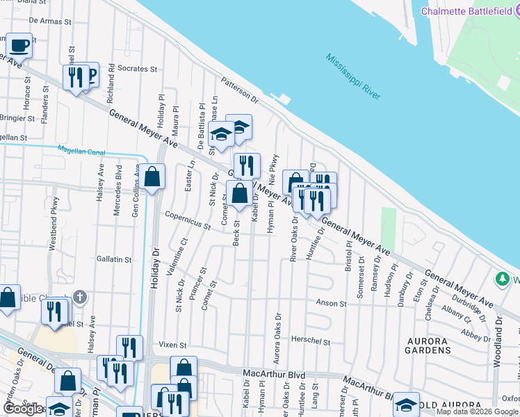 map of restaurants, bars, coffee shops, grocery stores, and more near 1119 Kabel Drive in New Orleans