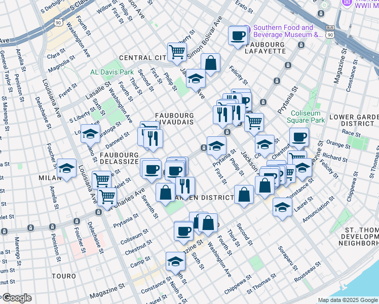 map of restaurants, bars, coffee shops, grocery stores, and more near 2501 Saint Charles Avenue in New Orleans