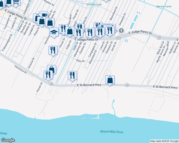 map of restaurants, bars, coffee shops, grocery stores, and more near 2120 Lena Drive in Chalmette