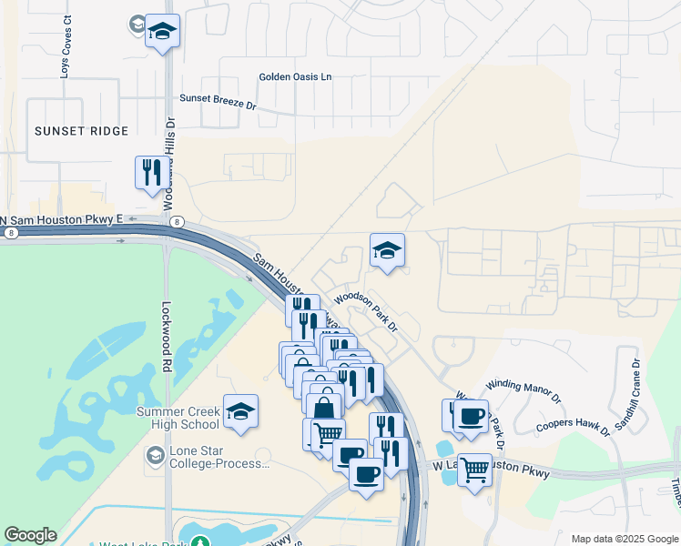 map of restaurants, bars, coffee shops, grocery stores, and more near 14700 Woodson Park Drive in Houston