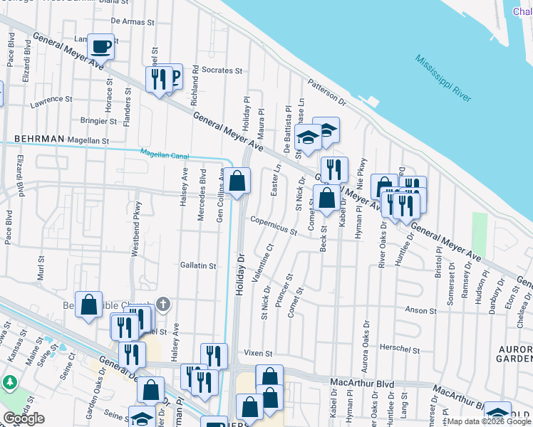 map of restaurants, bars, coffee shops, grocery stores, and more near 2143 Easter Lane in New Orleans