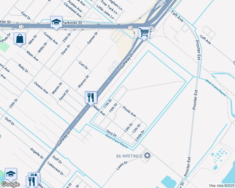map of restaurants, bars, coffee shops, grocery stores, and more near 6218 17th Street in Port Arthur