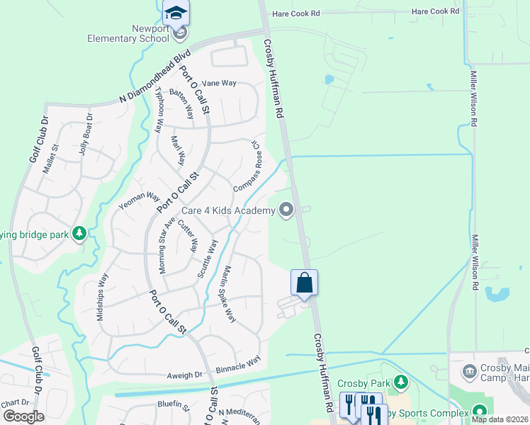 map of restaurants, bars, coffee shops, grocery stores, and more near 302 Dock Court in Crosby