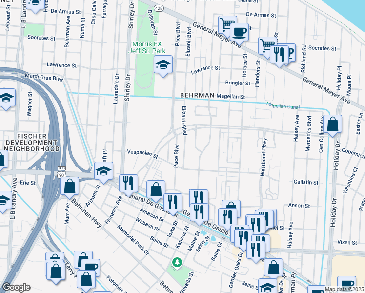 map of restaurants, bars, coffee shops, grocery stores, and more near 1951 Elizardi Boulevard in New Orleans