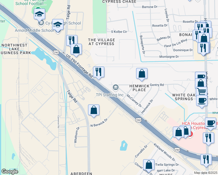 map of restaurants, bars, coffee shops, grocery stores, and more near 21870 Northwest Freeway in Cypress
