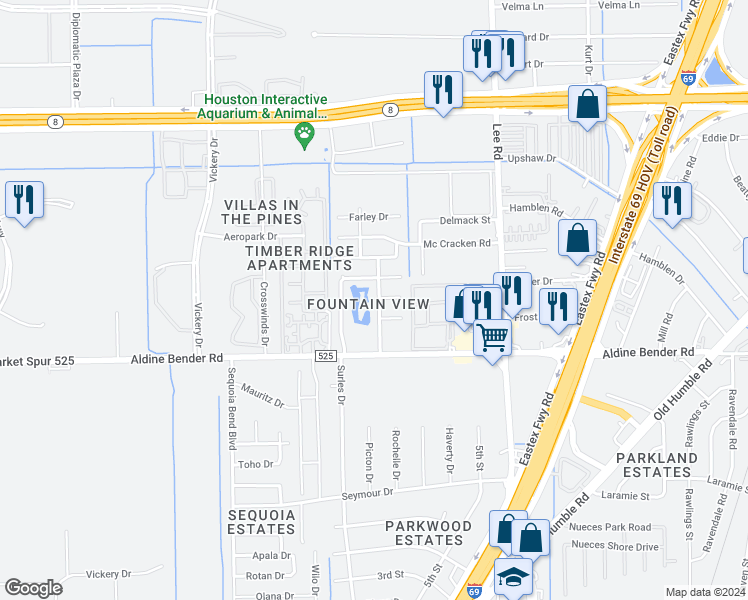 map of restaurants, bars, coffee shops, grocery stores, and more near 14715 Picton Drive in Houston